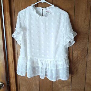 Andrée by Unit White Swiss Dot Ruffle Hem Blouse Size M Sheer Feminine Top